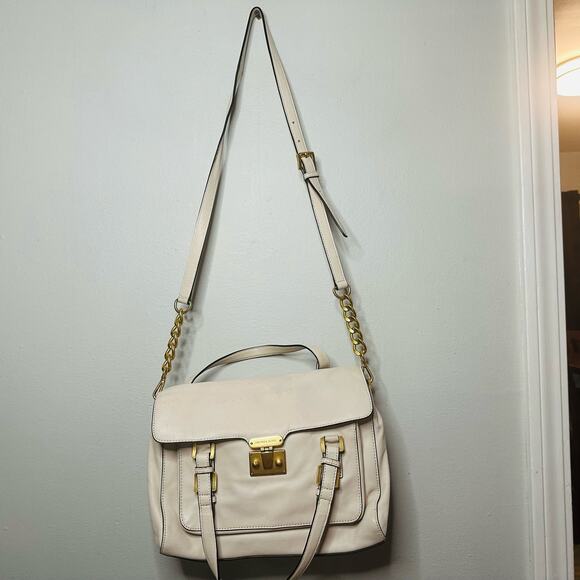 MICHAEL KORS White Calf Leather Gold Chain Handbag Crossbody Gosford Satchel Bag - Picture 1 of 16
